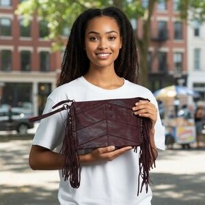 Mossimo Burgandy Faux Leather Clutch Wristlet With Fringe